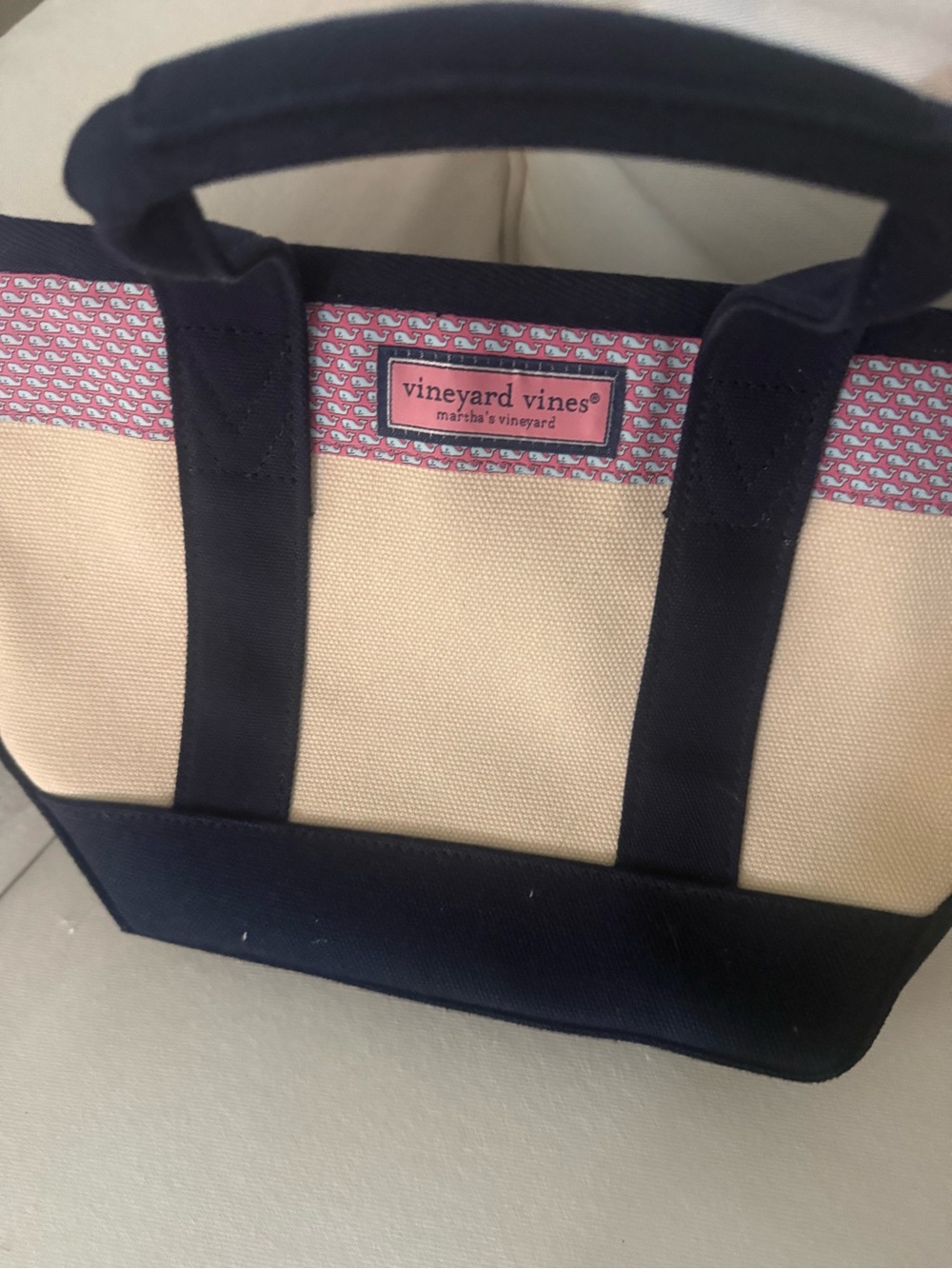 Vineyard Vines Cream Canvas Tote with Navy Trim and Pink Whale Trim